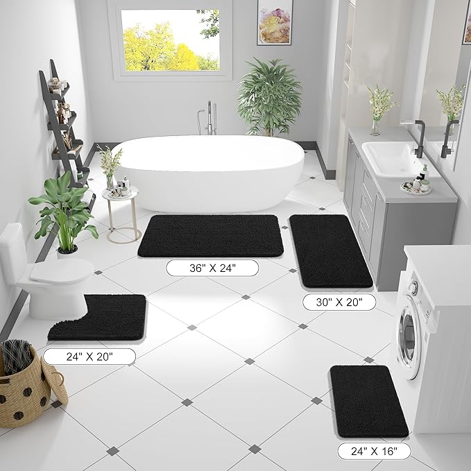 OLANLY Bathroom Rugs 50x30, Extra Soft Absorbent Chenille Bath Rugs, Rubber Backing Quick Dry, Machine Washable Bath Mats for Bathroom Floor, Tub and Shower, Home Decor Accessories, Black