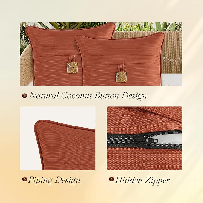 Outdoor Decorative Pillows with Coconut Button Pack of 4, 16" x 16" Outdoor Pillow Set for Couch Bed Throw Patio Sofa, Coral Red