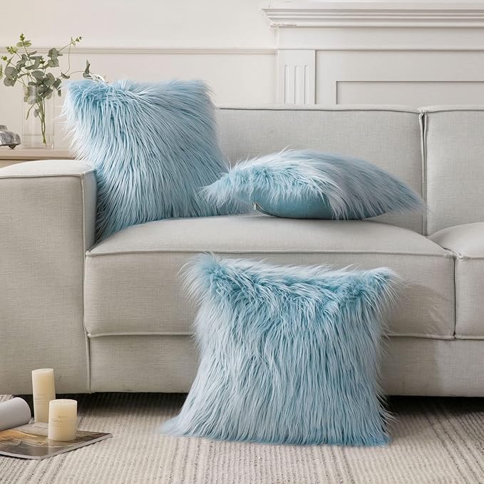 Phantoscope Pack of 2 Faux Fur Solid Throw Decorative Pillow Cover Cushion Covers Luxury Soft Decorative Pillowcase Fuzzy Pillow Covers for Bed/Couch, Light Blue 18 x 18 Inches