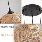 3-Light Mini Hemp Rope Woven Pendant Light Kitchen Island,3 Dome Hand Woven Boho Rattan Chandelier Farmhouse Wicker Ceiling Light,rustic Light Fixture For Living Room Hallway Dining Room(Bulb Incl.