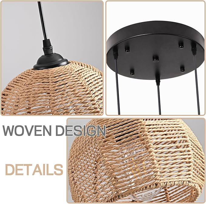 3-Light Mini Hemp Rope Woven Pendant Light Kitchen Island,3 Dome Hand Woven Boho Rattan Chandelier Farmhouse Wicker Ceiling Light,rustic Light Fixture For Living Room Hallway Dining Room(Bulb Incl.