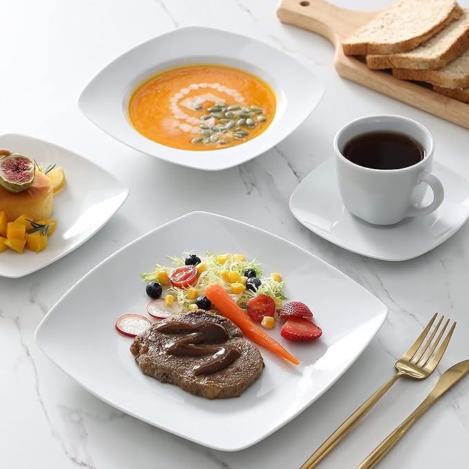 MALACASA Dinnerware Sets, 30-Piece Porcelain Gray White Dinnerware Set Microwave Safe, Square Dish Set with Plates and Bowls Sets, Mugs and Saucers Set for 6, Series Julia