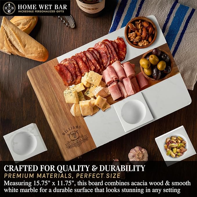 HomeWetBar Personalized Charcuterie Board Gift Set | Custom 15.75" x 11.75" White Marble & Acacia Wood Cheese Board with Serving Bowls | Perfect Housewarming + Wedding + Couples Gift Idea