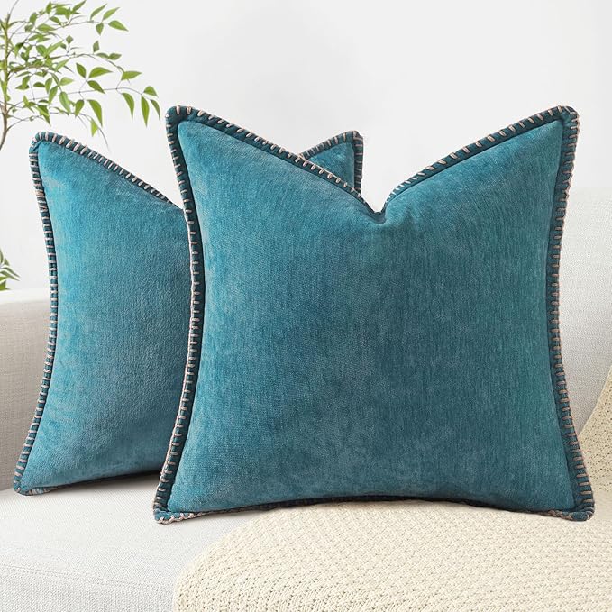 decorUhome Chenille Soft Throw Pillow Covers 20x20 Set of 2, Farmhouse Velvet Neutral Decorative Euro Pillow Covers with Stitched Edge for Couch Sofa Bed Home Decor, Teal