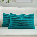 FUTEI Teal Green Striped Decorative Throw Pillow Covers 12x20 Inch Set of 2,Rectangle Winter Decorations Couch Lumbar Pillowcase,Soft Cozy Faux Rabbit Fur & Velvet Back,Modern Home Decor for Bed