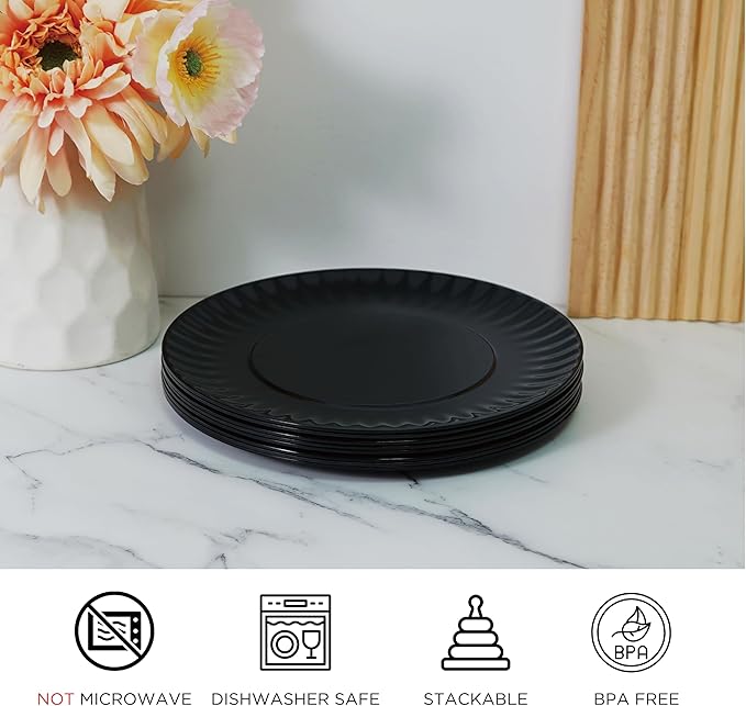 TP Melamine Plates Set of 8, 8-Inch Lightweight Reusable Plates for Picnic, Party, BBQ & Camping, Dishwasher Safe Tableware for Salads, Appetizers & Desserts, Black