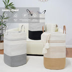 danpinera 75L Woven Laundry Hamper with Long Leather Handles, Baby Laundry Basket for Nursery, Tall Hampers for Bedroom Aesthetic, Decorative Clothes Storage Basket for Family White & Gray