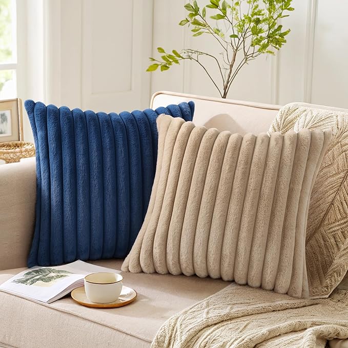 Pallene Faux Fur Plush Lumbar Throw Pillow Covers 12x20 Set of 2, Luxury Soft Fluffy Striped Decorative Pillow Covers for Sofa, Couch, Living Room, Khaki