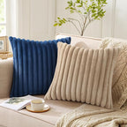 Pallene Faux Fur Plush Throw Pillow Covers 16x16 Set of 2, Luxury Soft Fluffy Striped Decorative Pillow Covers for Sofa, Couch, Living Room, Navy Blue