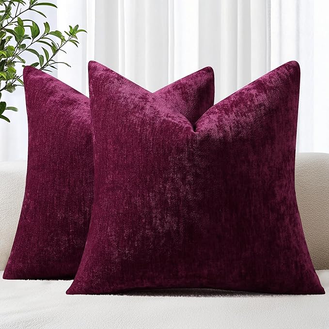 decorUhome Chenille Burgundy Christmas Throw Pillow Covers 20x20 Inch Set of 2, Decorative Soft Couch Pillow Covers Solid Dyed Accent Velvet Farmhouse Neutral Square Pillow Cases for Sofa Living Room