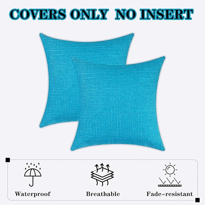 Kevin Textile Pack of 2 Decorative Outdoor Waterproof Pillow Covers Checkered Garden Cushion Sham Throw Pillowcase Shell for Patio Tent Couch 16x16 Inch Peacock Blue