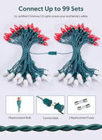Moonflor C9 LED Christmas Lights Outdoor, 51.3ft Feet 50 LED Strawberry String Lights with 50 Spring Clamps, Waterproof Commercial Grade Extendable for Indoor Outdoor,Red and Pure White