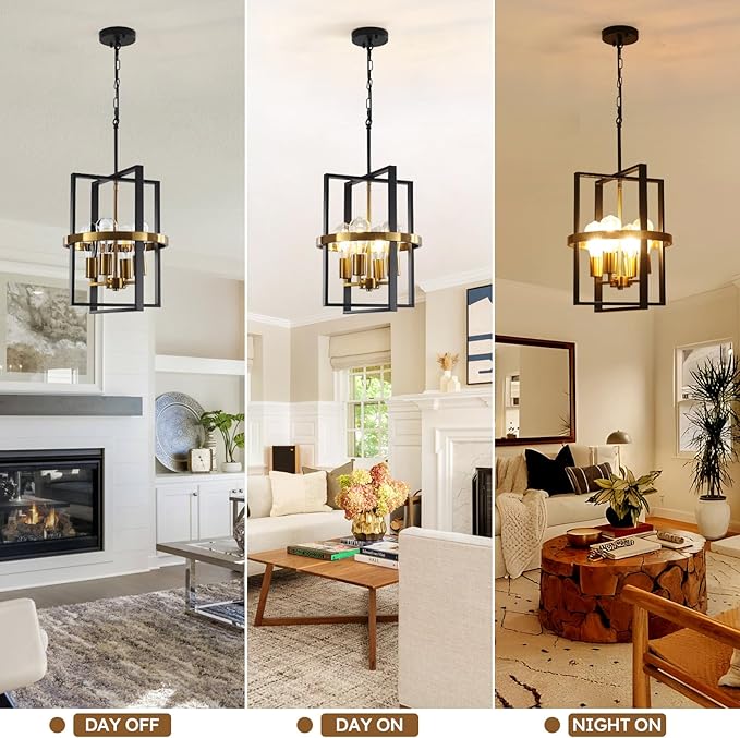 Small Black and Gold Chandelier for Dining Room, 4-Light Modern Pendant Lights Adjustable Geometric Industrial Rustic Foyer Lighting Fixtures for Entryway Living Room Kitchen Island Hallway