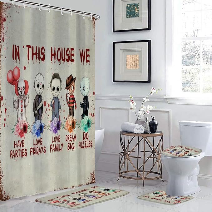 Halloween Horror Bathroom Decor Set with Creepy Cartoon Shower Curtain and Mats, 4-Piece Scary Bathroom Sets, Waterproof Curtain with Hooks, Non-Slip Rug Set for Spooky Decor