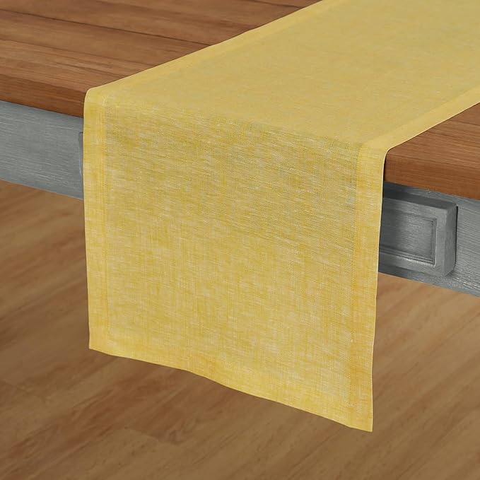 Solino Home Linen Table Runner 132 Inches Long - Athena, 100% Pure Linen Chambray Lemon Yellow Table Runner 14 x 132 Inch for Dining