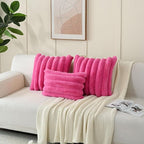 FUTEI Hot Pink Decorative Throw Pillow Covers 24x24 Inch Set of 2, Square Soft Faux Rabbit Fur Big Striped Pillow Sham,Home Decor for Couch Sofa Bed Living Room