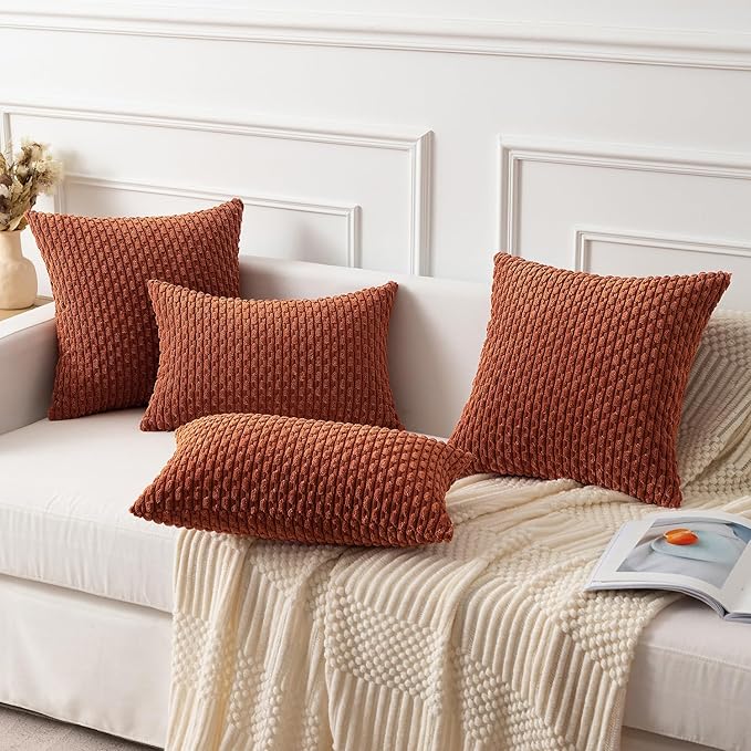 Kevin Textile Fall Pack of 2 Corduroy Decorative Throw Pillow Covers 22x22 Inch Soft Boho Striped Pillow Covers Modern Farmhouse Home Decor for Sofa Living Room Couch Bed Rust