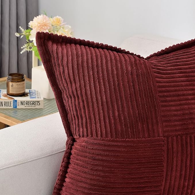 HAUSSY Burgundy Throw Pillow Covers 16x16 Inch Set of 2,Soft Solid Corduroy Striped/Wide Bordered,Square Decorative Cushion Case,Winter Home Decorations for Couch,Bed