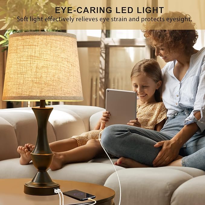 Upgraded Touch Table Lamps Set of 2, 22" Tall Bedside Lamps with USB C+A Ports, 3 Way Dimmable Nightstand Lamps for Bedroom, Living Room, Office, Black Lamp with Beige Lampshade, Bulb Included