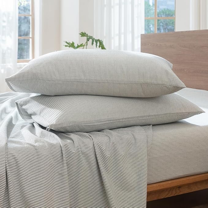 MooMee Striped Duvet Cover Set 100% Washed Cotton Linen Like Textured Breathable Durable Soft Comfy (Heathered Green Pinstripes, Super Queen 90"x98")
