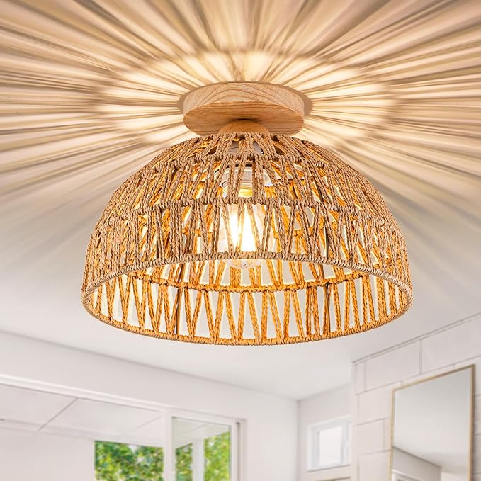Boho Light Fixtures Ceiling Rattan Lights Boho Chandelier Flush Mount Ceiling Light Wooden Canopy Woven Lamp Shade Small Chandelier for Hallway Foyer Entrance Bedroom Kitchen Nursery Lighting Fixture