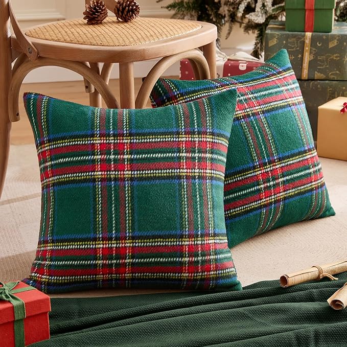 MIULEE Christmas Plaid Decorative Throw Pillow Covers Set of 2 Scottish Tartan Vintage Farmhouse Winter Cuhion Case Pillow Covers for Couch livingroom Sofa Bed Porch Home Decor 18x18inch Green