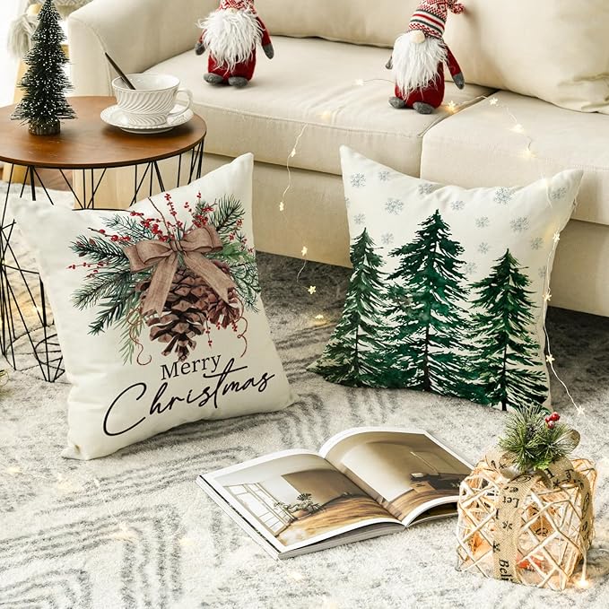 AVOIN colorlife Merry Christmas Trees Reindeer Snowflake Throw Pillow Covers, 16 x 16 Inch Xmas Red Berries Hello Winter Holiday Cushion Case Decoration for Sofa Couch Set of 4