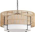 6-Light Large Rattan Chandelier, 25.6" Boho Pendant Light with Fabric Shade, Farmhouse Ceiling Light Fixture Chandelier for Dining Room, Living Room, Bedroom, Kitchen Island, Foyer, Hallway