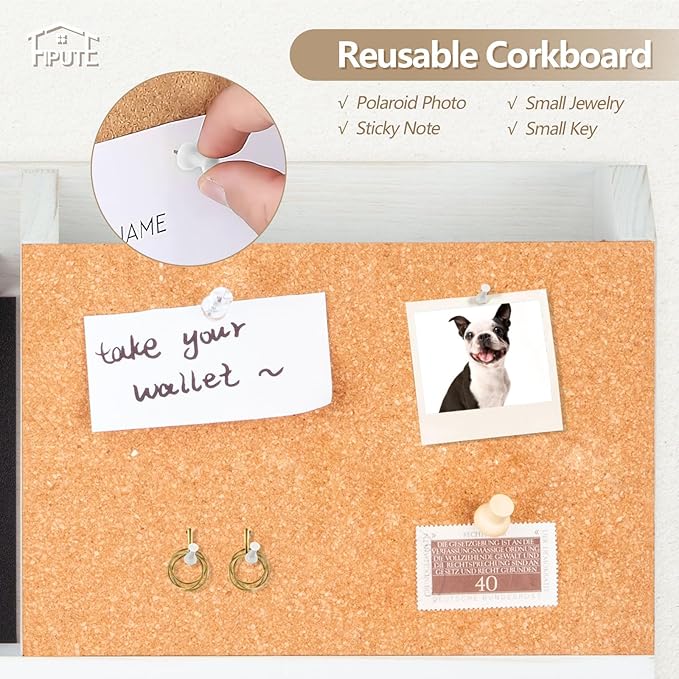 Key Holder for Wall Mount with Mail Organizer, Farmhouse Key Holder for Wall with Shelf, Chalkboard&Corkboard, Entryway Organizer 11 Metal Hooks, Decorative Natural Pine Wood, 14.6*11.1*3.3”, B-White