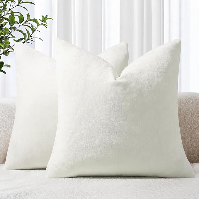 decorUhome Chenille Cream White Throw Pillow Covers 24x24 Inch Set of 2, Decorative Soft Couch Pillow Covers Solid Dyed Accent Velvet Farmhouse Neutral Square Pillow Cases for Sofa Bed Living Room
