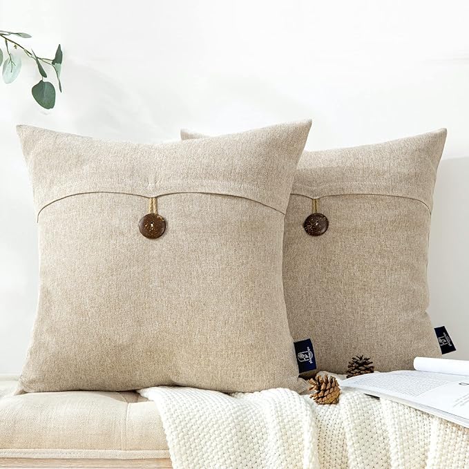 Phantoscope Pack of 2 Farmhouse Throw Pillow Covers Premium Coconut Button Vintage Linen Solid Decorative Pillow Cover for Couch Bed and Chair, Oat Beige 20 x 20 inches 50 x 50 cm