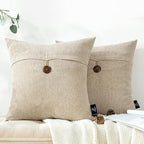 Phantoscope Pack of 2 Farmhouse Throw Pillow Covers Premium Coconut Button Vintage Linen Solid Decorative Pillow Cover for Couch Bed and Chair, Oat Beige 20 x 20 inches 50 x 50 cm