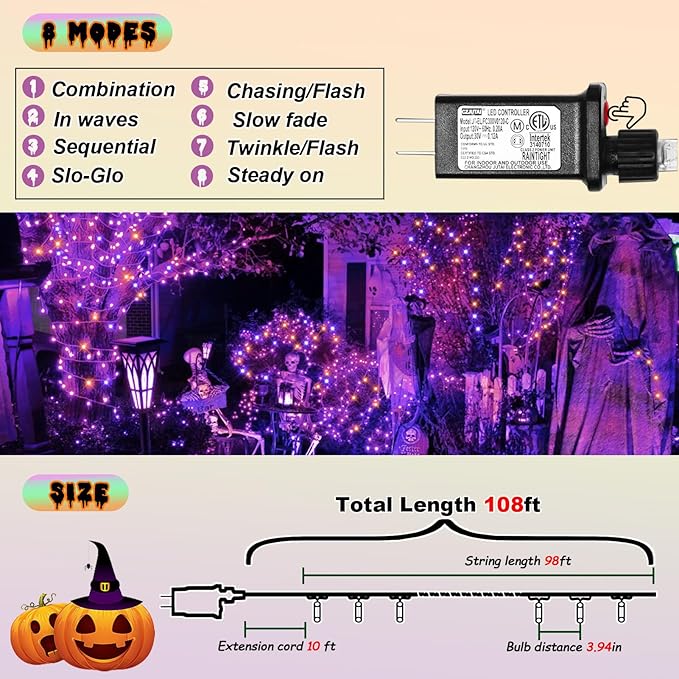 ILLUMINEW Halloween Decorations 300 LED String Lights Plug-in, 8 Modes 108ft Orange Purple Halloween Fairy Lights for Party Bedroom Indoor Outdoor Decor