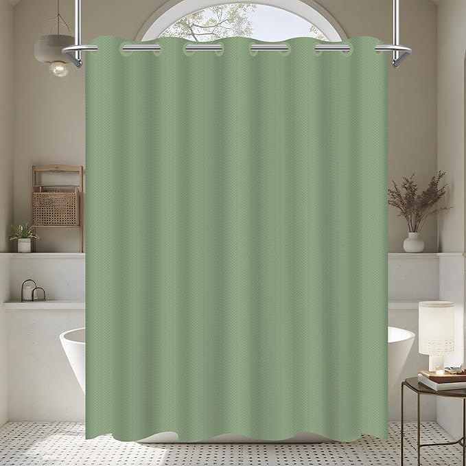 No Hook Shower Curtain, Green Modern Chevron Striped Luxury Hotel Style, Washable Waterproof Fabric for Bathroom, 15 Seconds Quick Install, 72W x 86L Inches