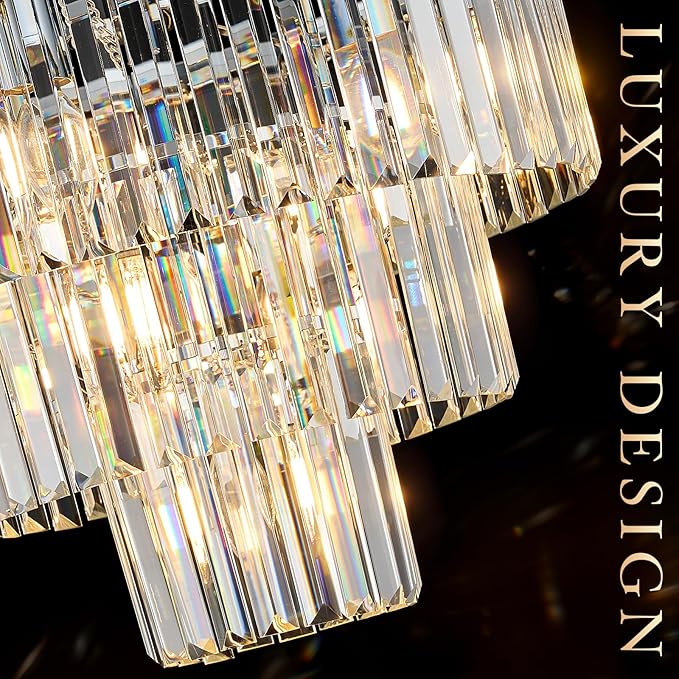20” Modern Crystal Chandeliers, Chrome Round Chandeliers for Dining Room 3 Tiers 7 Lights Luxury K9 Crystal Ceiling Pendant Light Fixture for Foyer Bedroom Closet