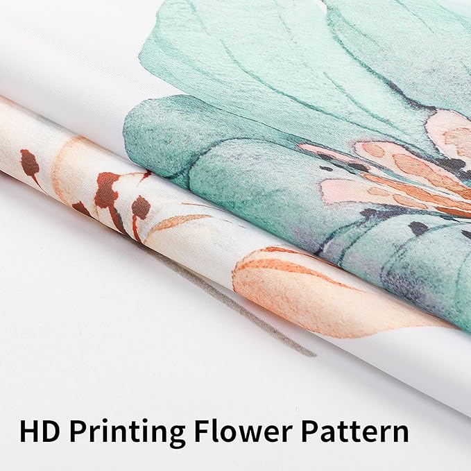 QiyI Flower Shower Curtain with Snap in Liner, Teal Watercolor Floral Cloth for Bathroom, No Hook Shower Curtains with Mesh Top Window, Fabric Waterproof Bathroom Set, 72 x 75 Inch