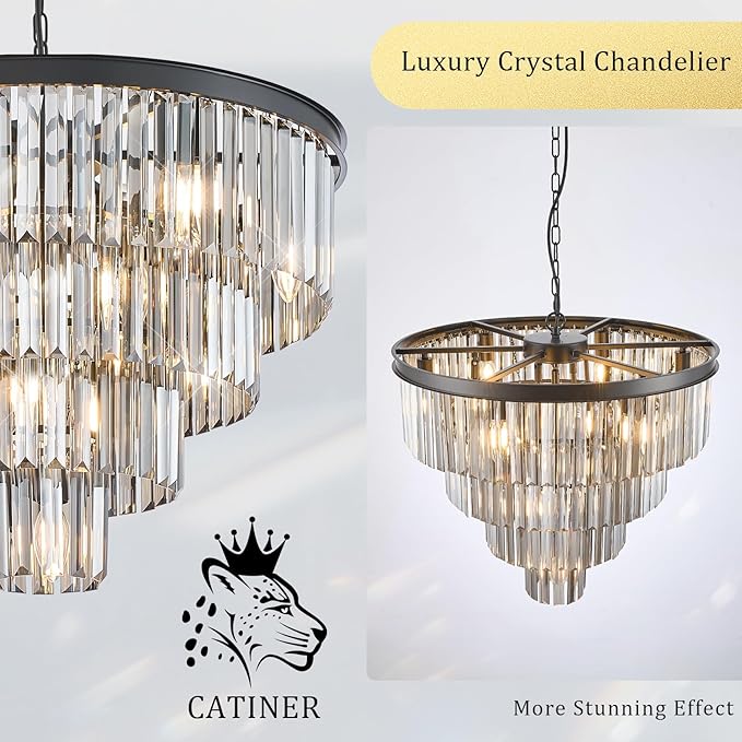 24”Modern Black Crystal Chandeliers Ceiling Round Smoke Gray Crystal Chandelier Luxury 4-Tier 12 Lights Pendant Light Fixture Contemporary for Dining Room Foyer Staircase Living Room