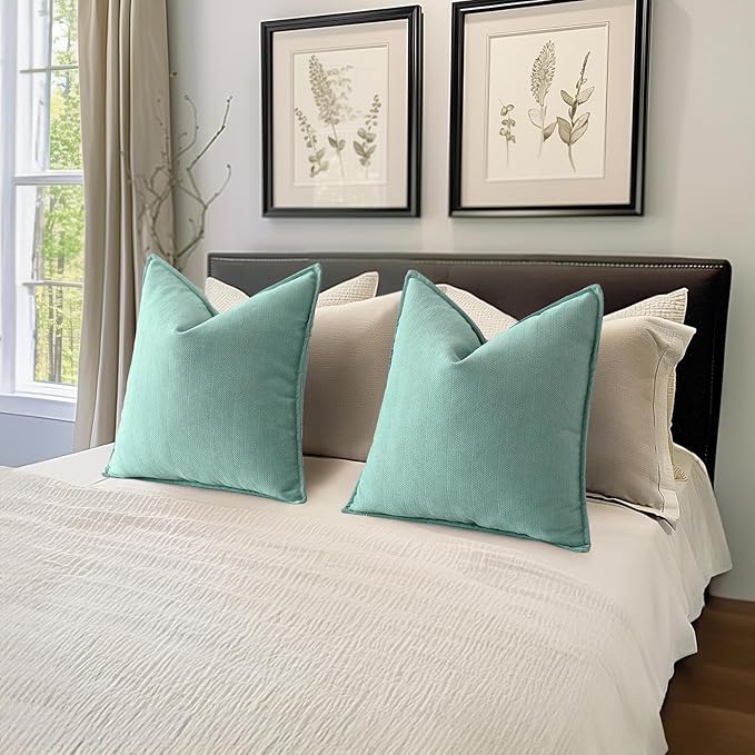 MIULEE Pack of 2 Aqua Green Decorative Pillow Covers 18x18 Inch Soft Chenille Luxurious Couch Throw Pillows Farmhouse Cushion Covers with Elegant Design for Sofa Bedroom Living Room Home Decor