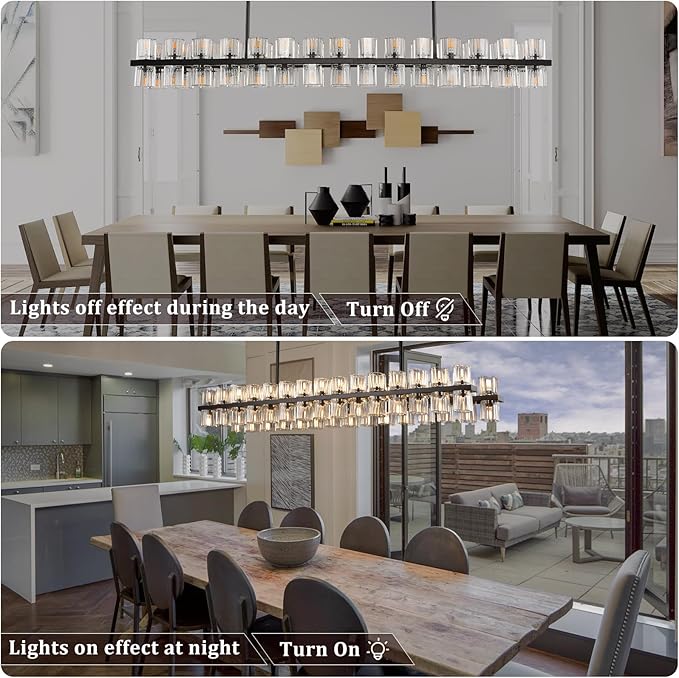 Crystal Black Rectangle Chandelier for Dining Room,L54in Dining Room Chandelier Over Table,Modern Chandelier for Dining Room,Kitchen Island, Over The Dining Table, Includes 60xG4 Bulbs