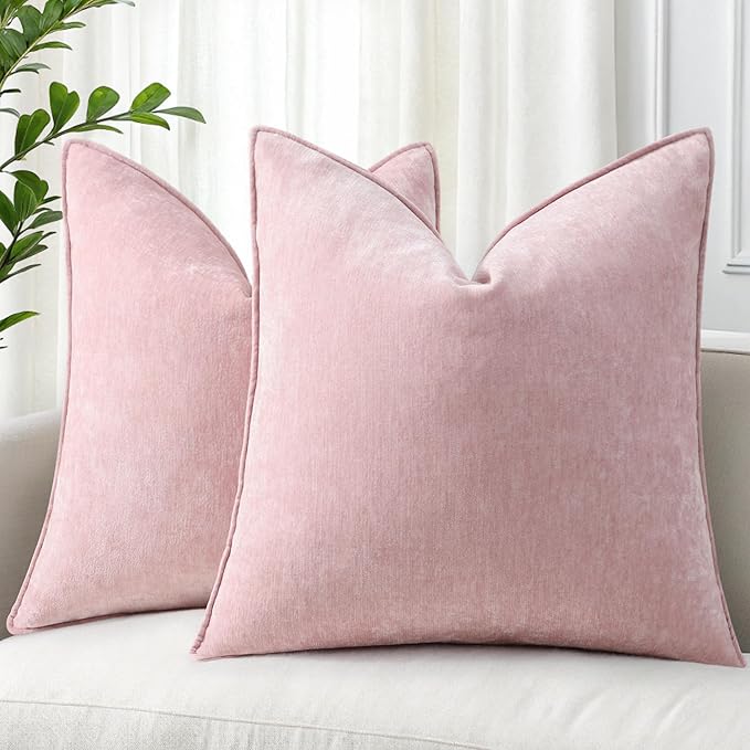 decorUhome Couch Throw Pillow Covers 26x26 Set of 2, Decorative Soft Euro Neutral Chenille Pillow Covers with Elegant Design for Sofa Bed Living Room Home Decor, Blush Pink