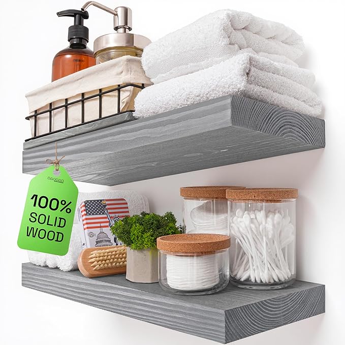 BAOBAB WORKSHOP Wood Floating Shelves for Wall - Rustic Shelf 16 inch - Grey Bathroom Shelves - Solid Wood Shelves for Wall for Bedroom Kitchen Living Room - Gray Finish, 16″ W × 6.7″ D, Set of 2
