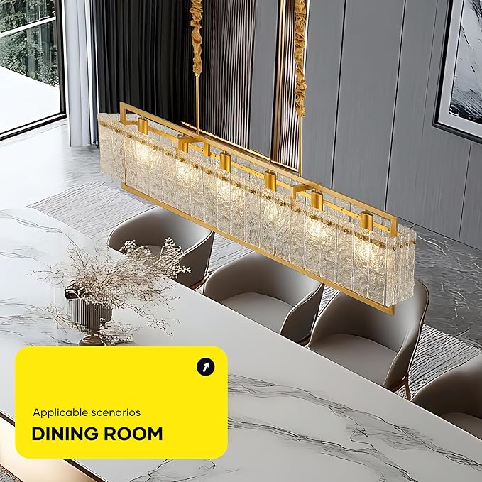 Modern Rectangle Gold Crystal Chandeliers for Dining Room, 6 Lights 44" Large Rectangular Water Ripple Glass Kitchen Island Light Fixture, Linear Farmhouse Pendant Light Fixture Over Table