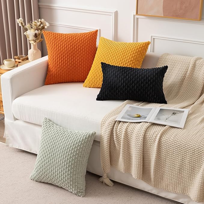 Kevin Textile Rectangle Throw Pillow Covers Ultra Soft Striped Corduroy Solid Cushion Covers Oblong Throw Pillowcases for Lumbar 12 x 20 inch Black