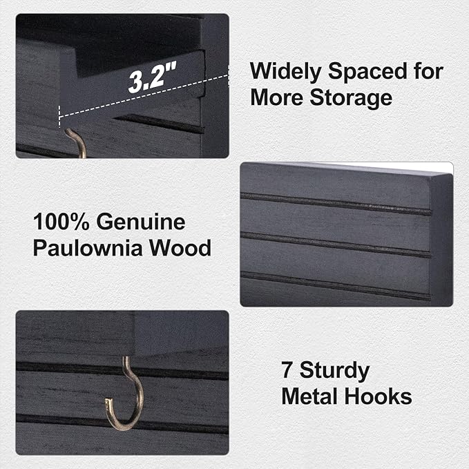 Key Holder Wall Mount, Entryway Mail Organizer with Shelf, Decorative Key Hanger with 7 Hooks Holds Leashes and Glasses, Includes Mounting Hardware (13.8” x 5.3” x 3.2”)