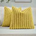 FUTEI Mustard Yellow Striped Decorative Throw Pillow Covers 16x16 Inch Set of 2,Square Winter Decorations Couch Pillow Case,Soft Cozy Faux Rabbit Fur & Velvet Back,Modern Home Decor for Bed