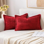 MIULEE Christmas Decorative Lumbar Throw Pillow Covers for Couch Bed Livingroom 12x20 Inch Set of 2 Red Boho Accent Throw Pllows Broadside Striped Patchwork Soft Corduroy Pillowcases