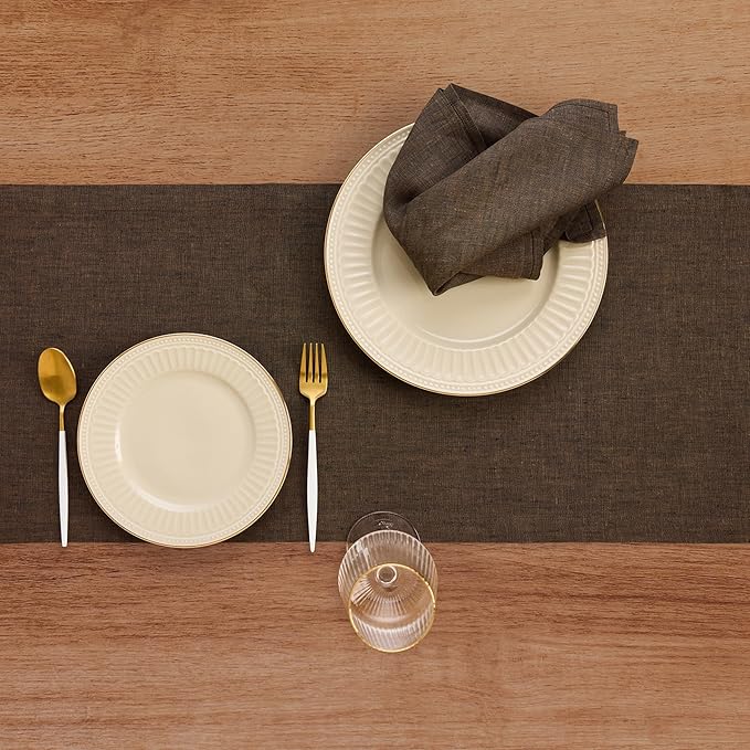 Solino Home Linen Chambray Brown Table Runner 120 Inches Long - Athena, 100% Pure Linen Dining Table Runner 14 x 120 Inch for Fall, Autumn, Thanksgiving - Handcrafted and Machine Washable