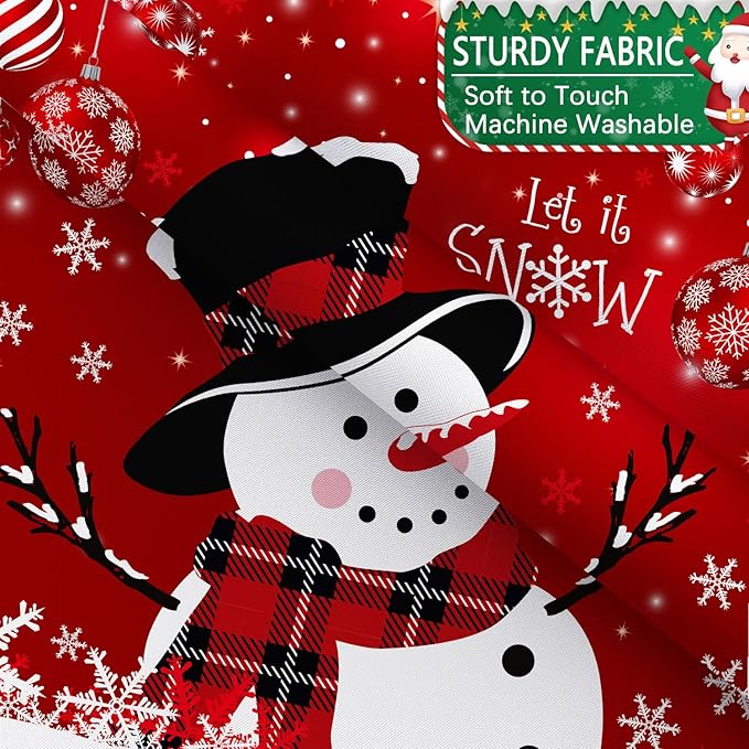 Christmas Snowman Shower Curtain, Red Xmas Ball Cute Winter Snowman Shower Curtain Christmas Holiday Decor, Durable Fabric Machine Washable with Hooks, 72 x 72 Inches