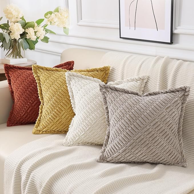 decorUhome Decorative Mustard Yellow Fall Throw Pillow Covers 24x24 Set of 2 with Splicing, Boho Soft Neutral Corduroy Broadside Twill Pillow Covers for Couch Bed Sofa Living Room