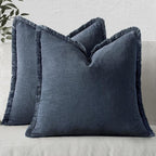 MIULEE Christmas Decorative Throw Pillow Covers Neutral Linen Fringe Throw Pillows Set of 2 Indigo Blue Boho Farmhouse Cushion Covers Coastal Decor for Couch Sofa Bed Living Room Decor 20x20 Inch